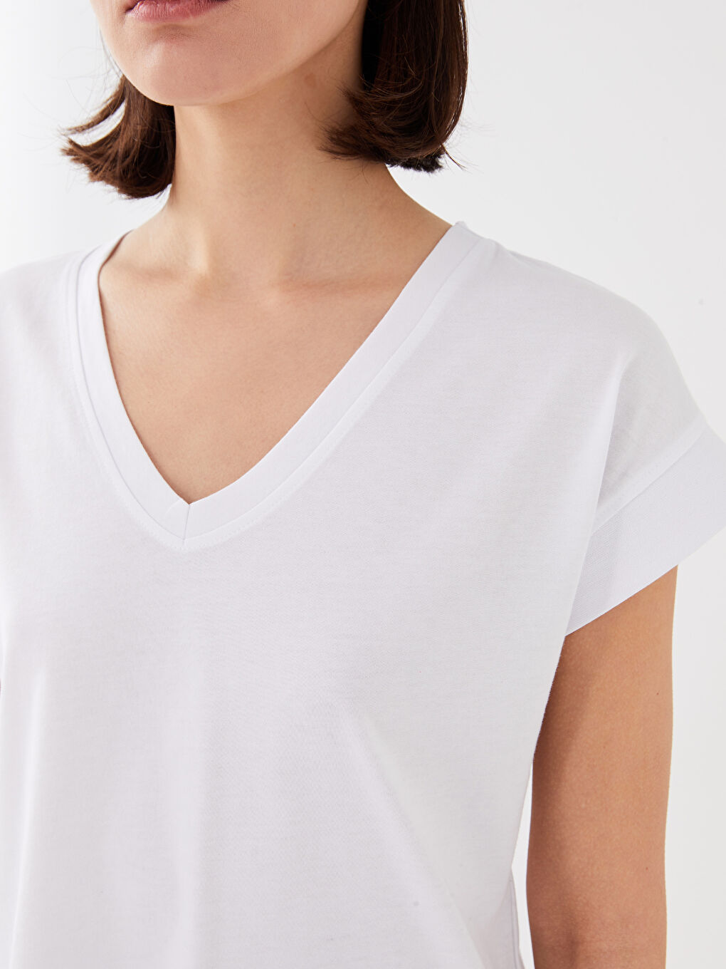 әйелдерге арналған v жағалы өрнексіз қысқа жең футболка-5