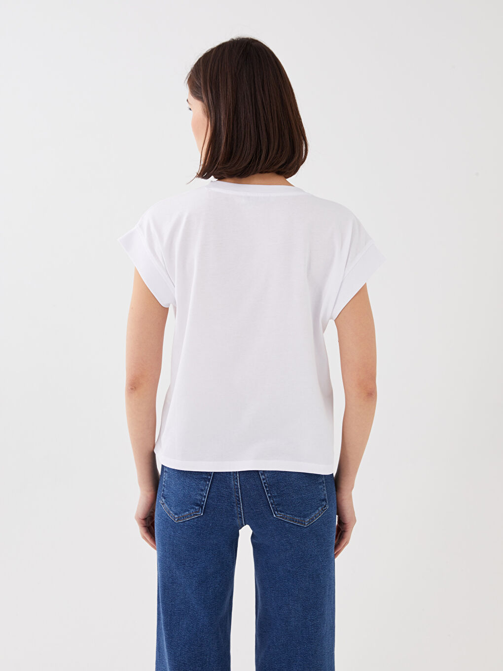 әйелдерге арналған v жағалы өрнексіз қысқа жең футболка-6