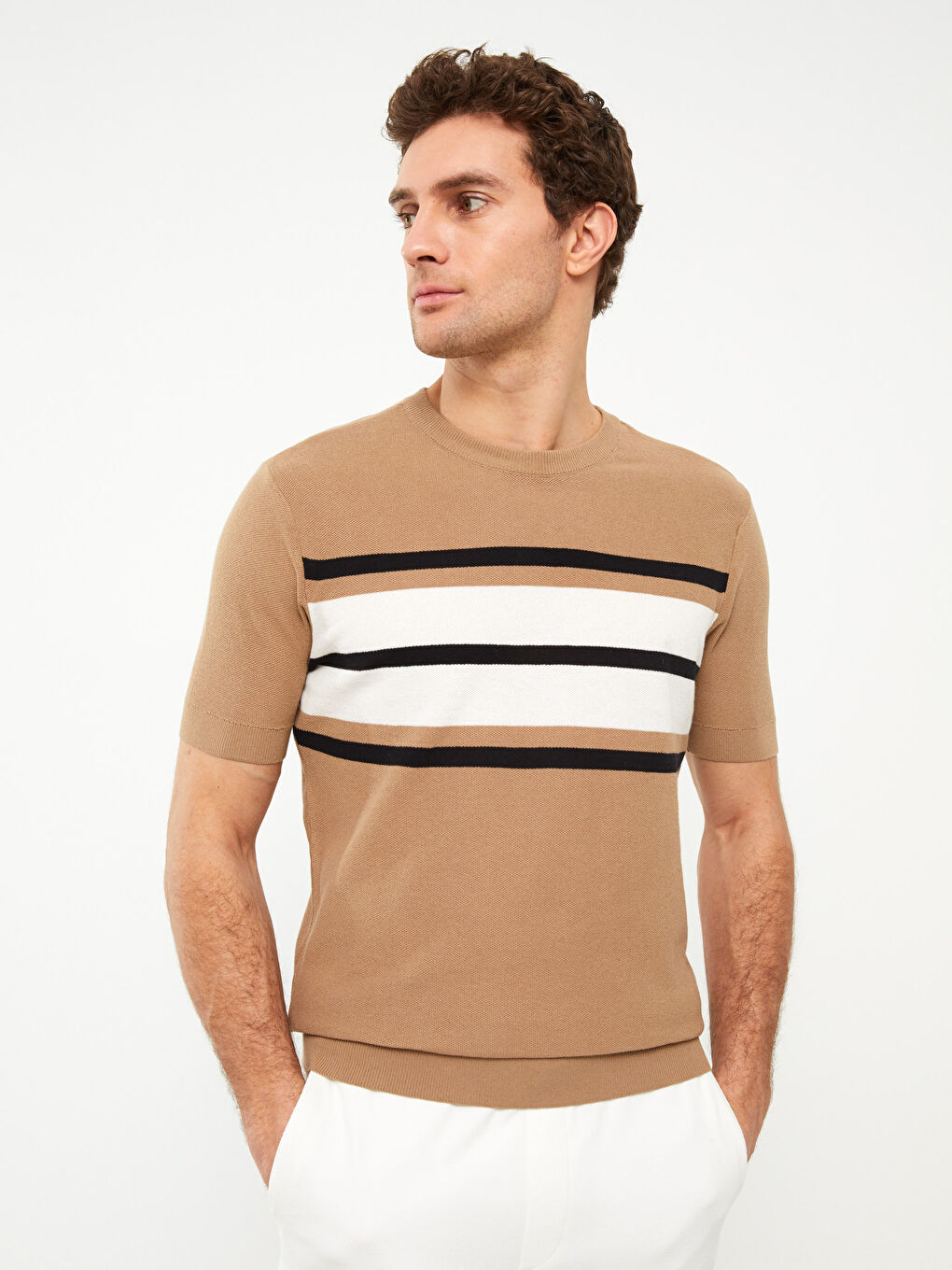 Bej Bisiklet Yaka Kısa Kollu Çizgili Erkek Triko Kazak