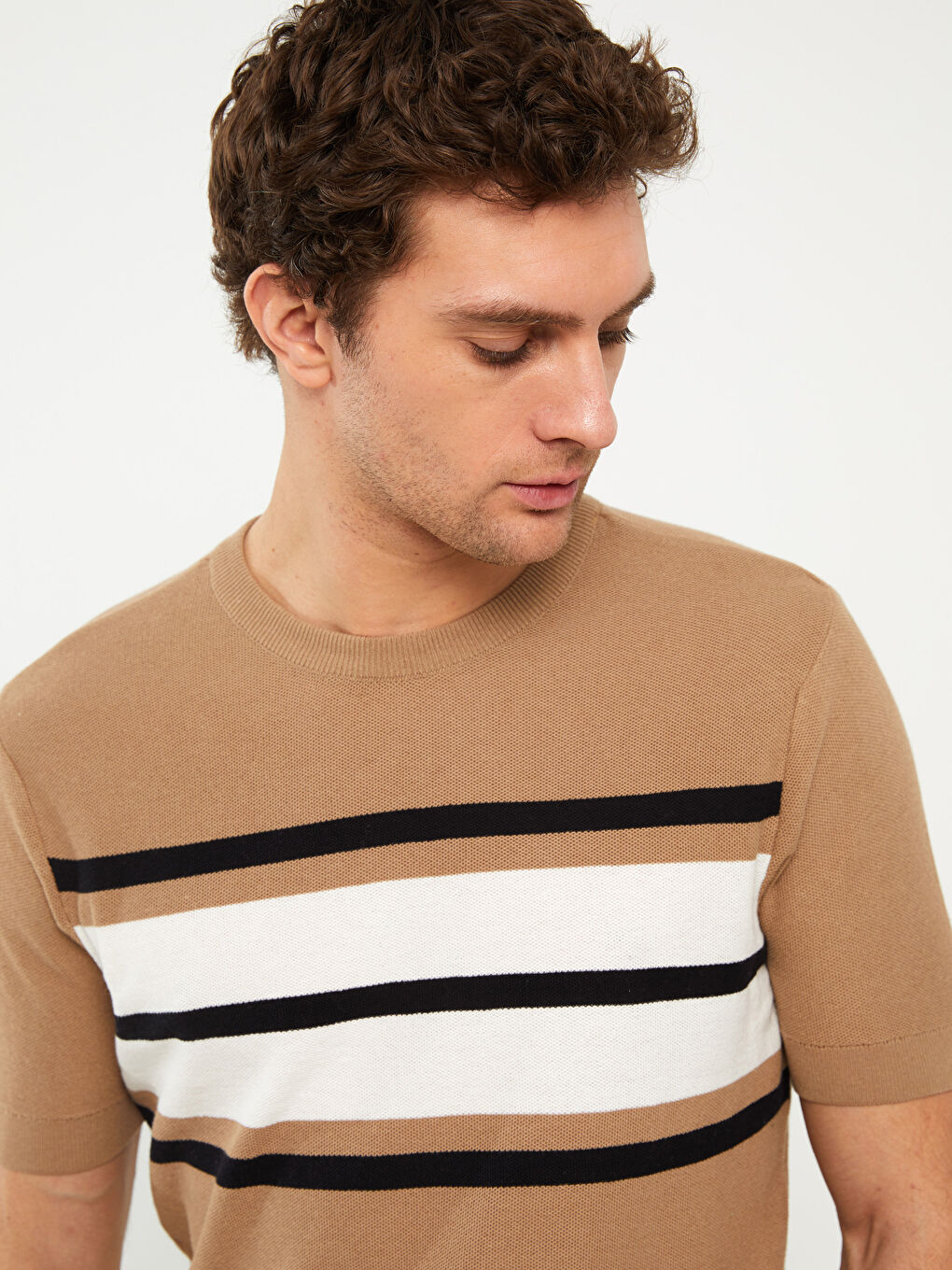 Bej Bisiklet Yaka Kısa Kollu Çizgili Erkek Triko Kazak-1