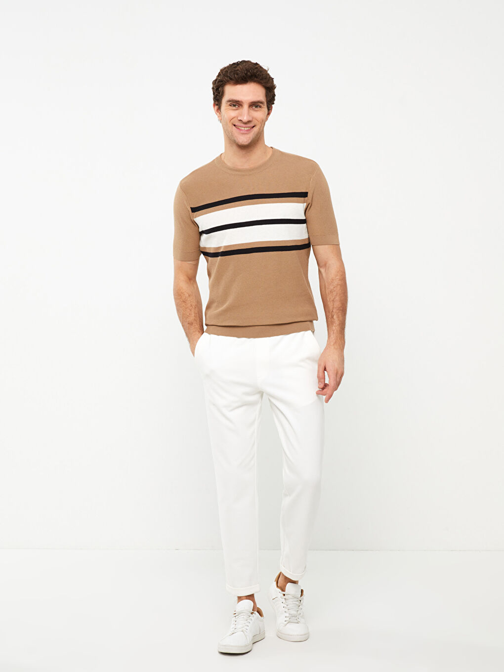 Bej Bisiklet Yaka Kısa Kollu Çizgili Erkek Triko Kazak-2