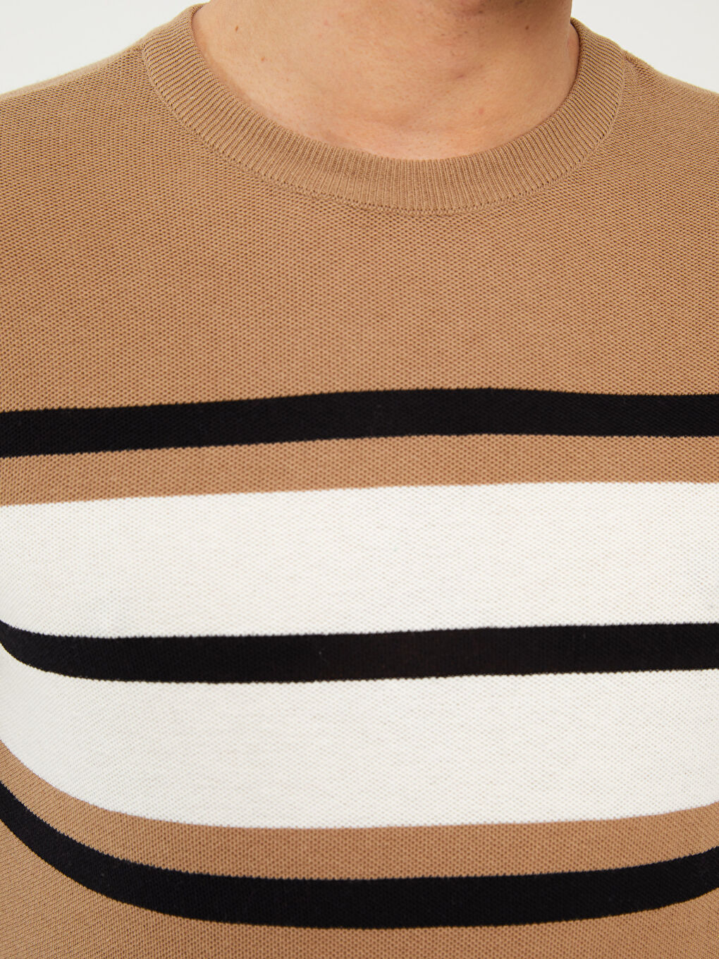 Bej Bisiklet Yaka Kısa Kollu Çizgili Erkek Triko Kazak-3