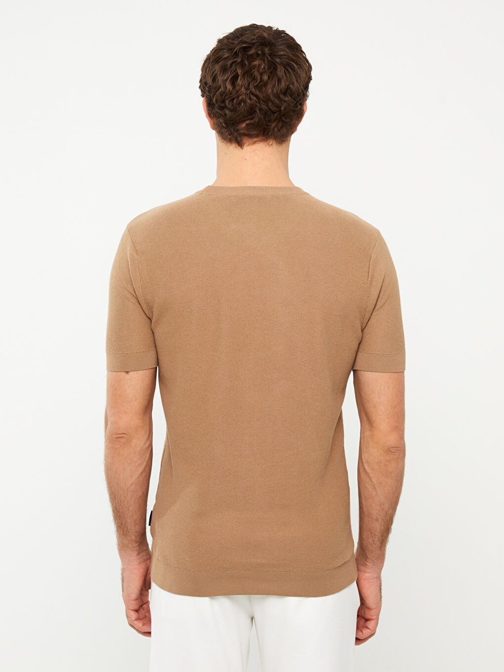 Bej Bisiklet Yaka Kısa Kollu Çizgili Erkek Triko Kazak-4