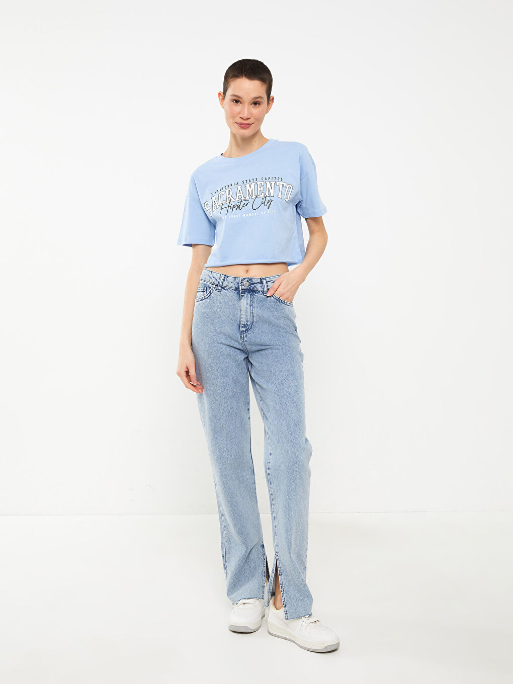 LCW Vision Crew Neck Printed Short Sleeve Women's Crop Top