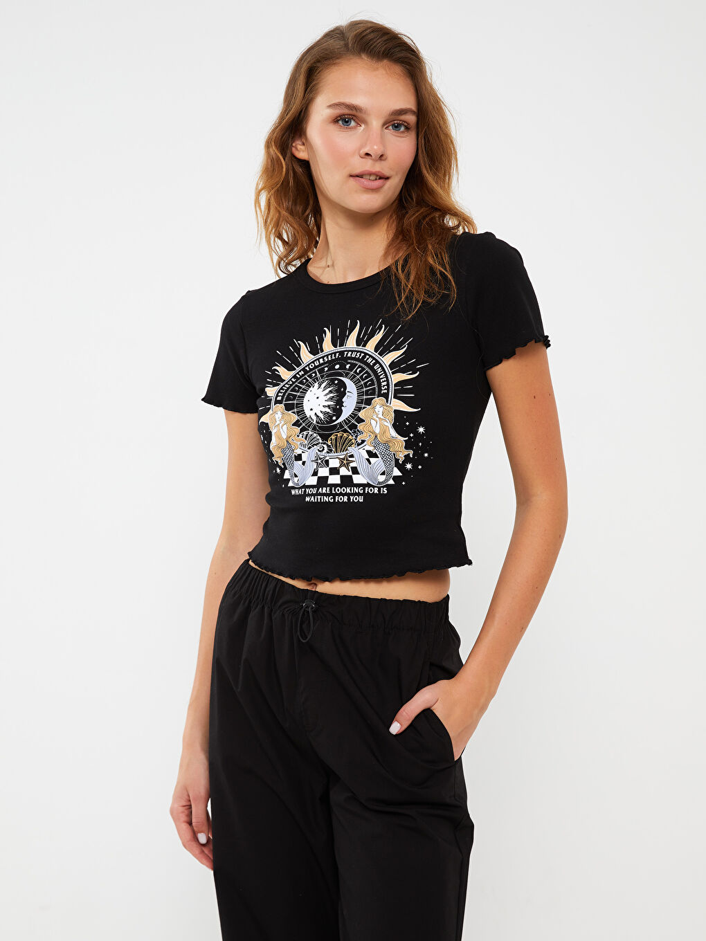 Кроп-топ с круглым вырезом, с принтом, с коротким рукавом для женщин-1