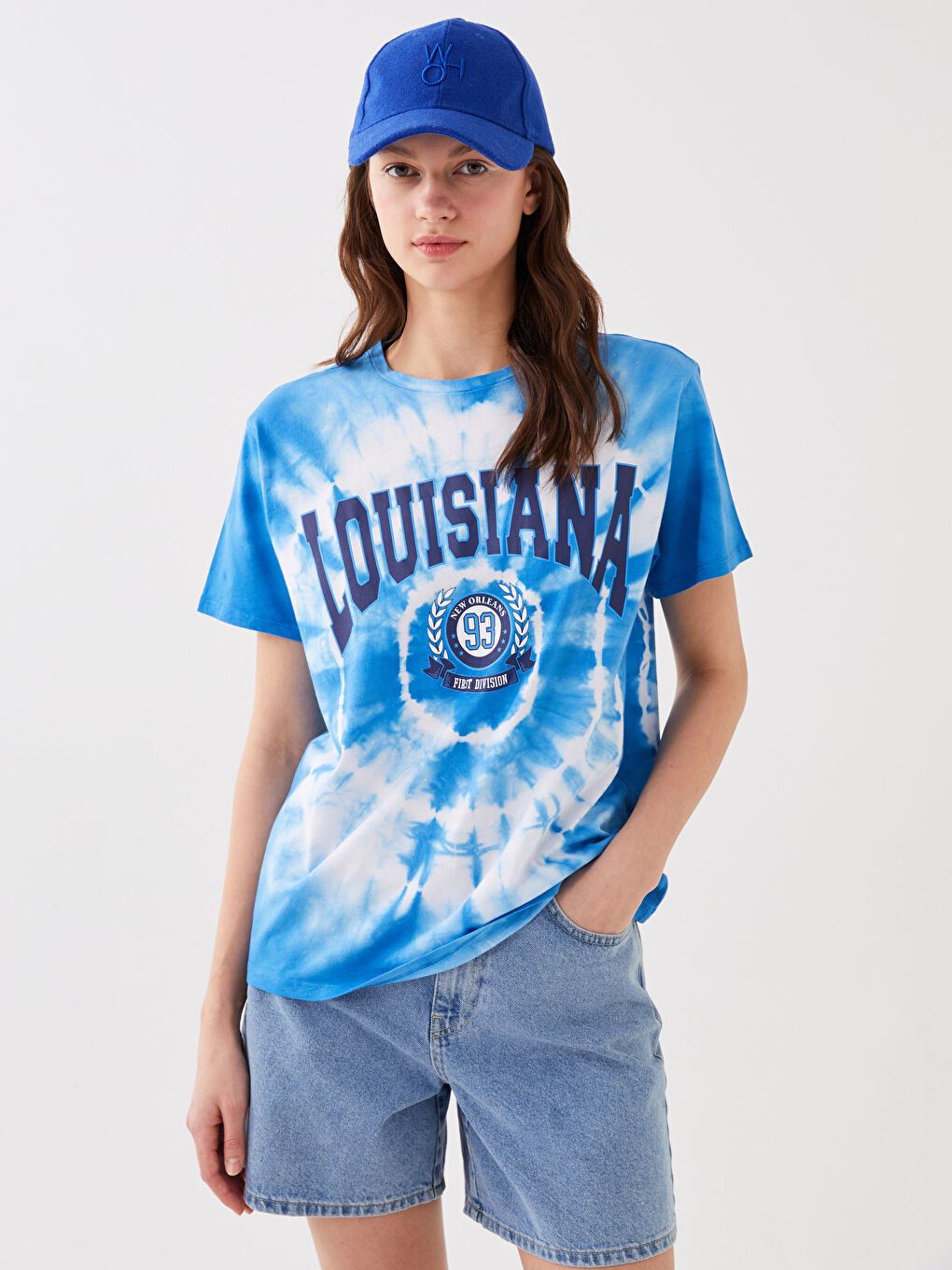 Beyaz Kadın Bisiklet Yaka Baskılı Kısa Kollu Tişört