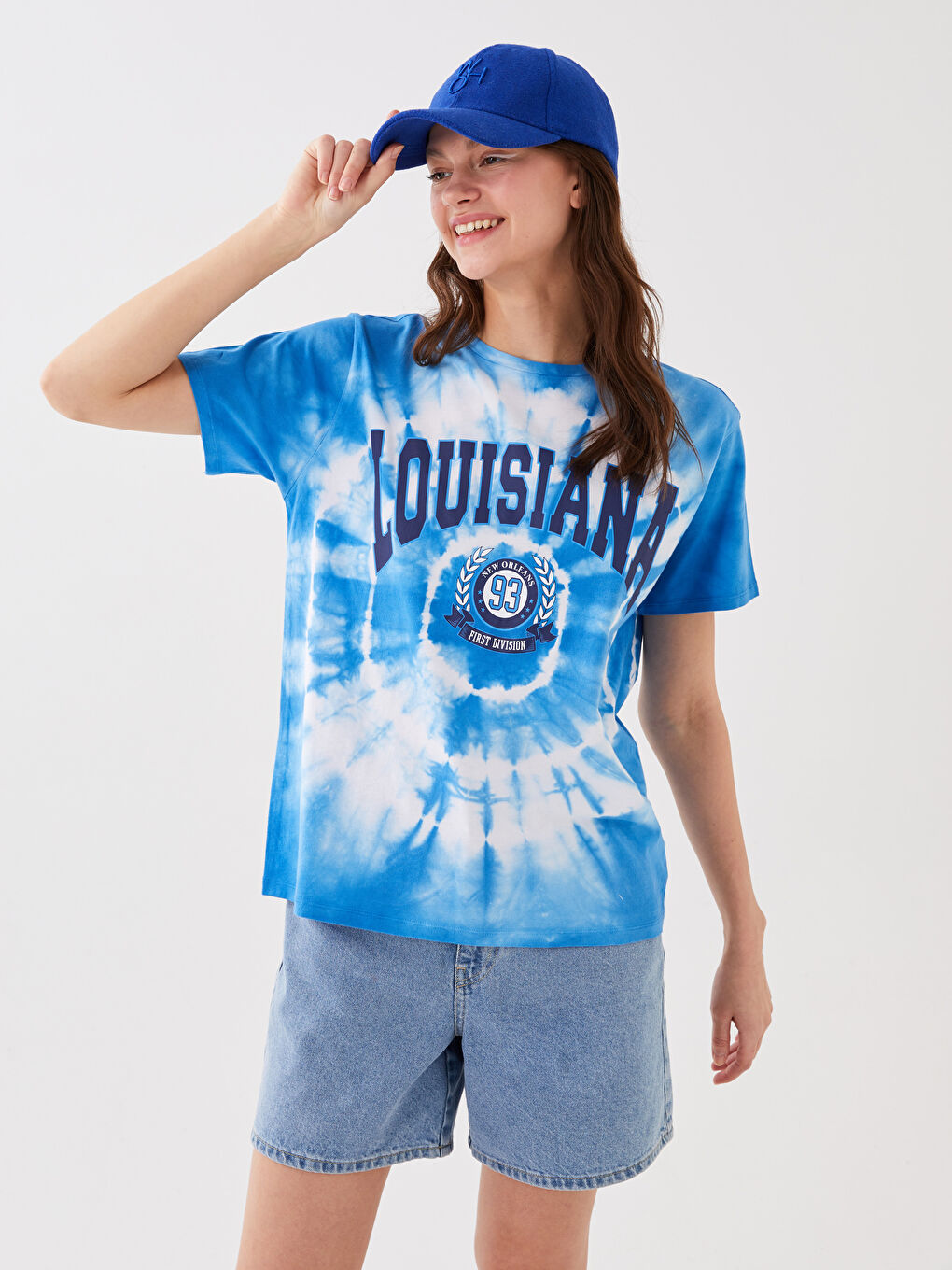 Beyaz Kadın Bisiklet Yaka Baskılı Kısa Kollu Tişört-2