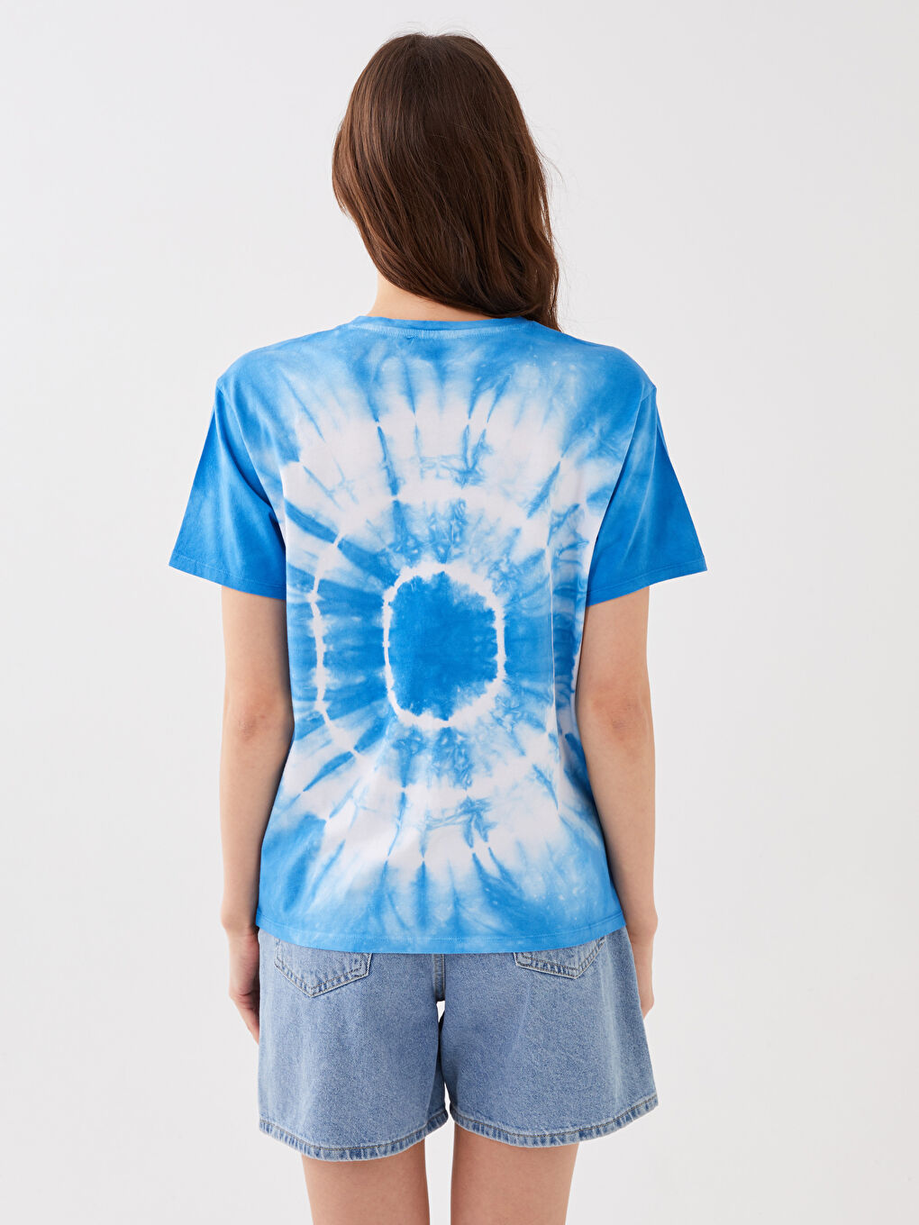 Beyaz Kadın Bisiklet Yaka Baskılı Kısa Kollu Tişört-4