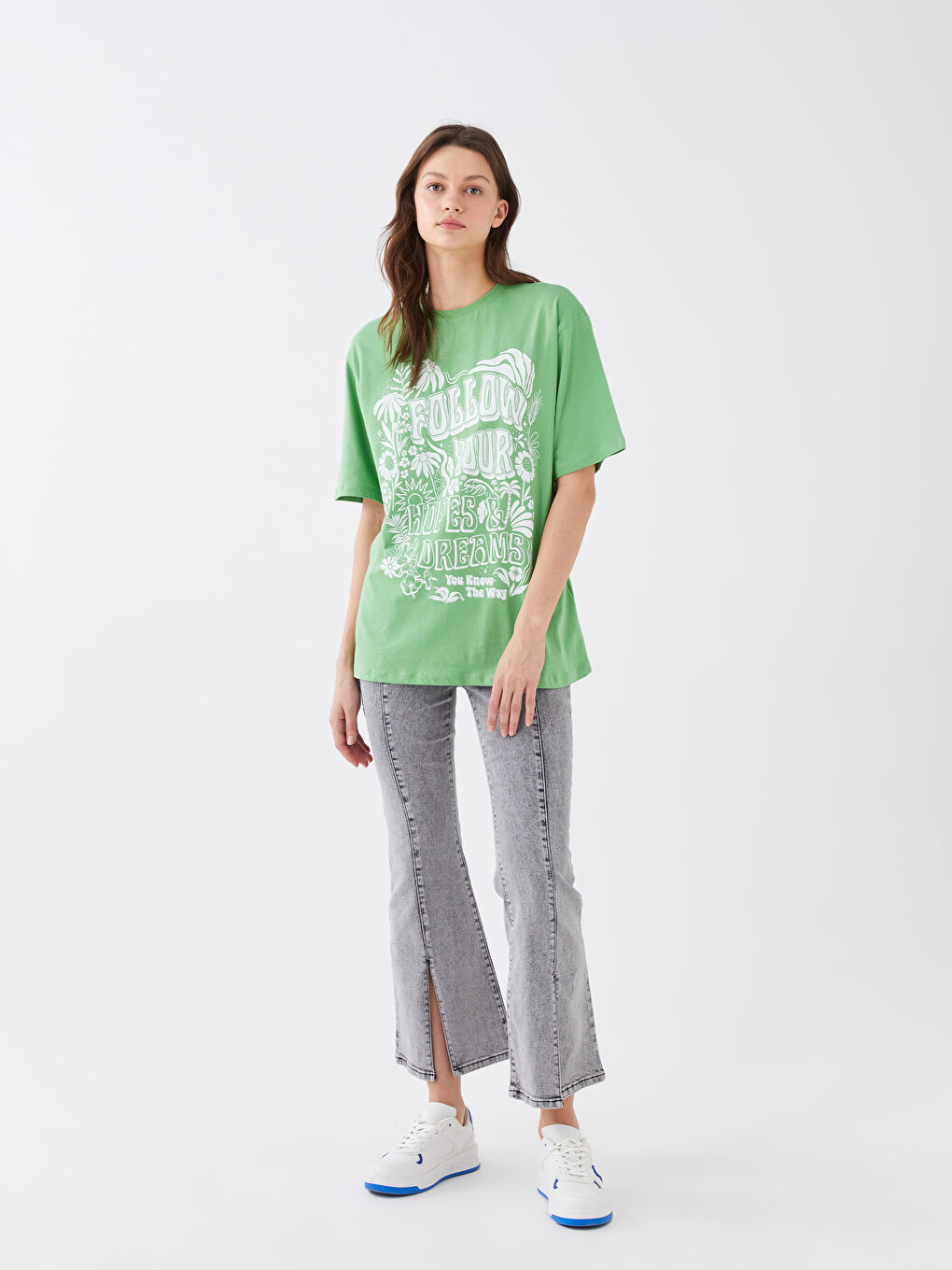 Yeşil Bisiklet Yaka Baskılı Kısa Kollu Oversize Kadın Tişört-2