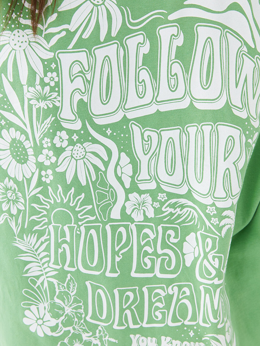 Yeşil Bisiklet Yaka Baskılı Kısa Kollu Oversize Kadın Tişört-3