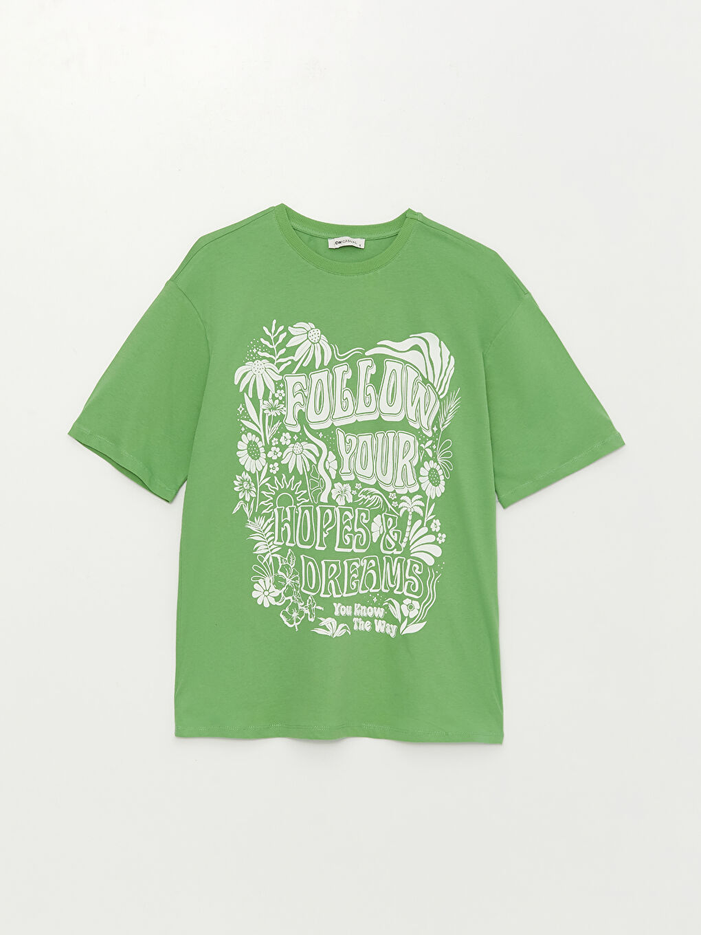 Yeşil Bisiklet Yaka Baskılı Kısa Kollu Oversize Kadın Tişört-5