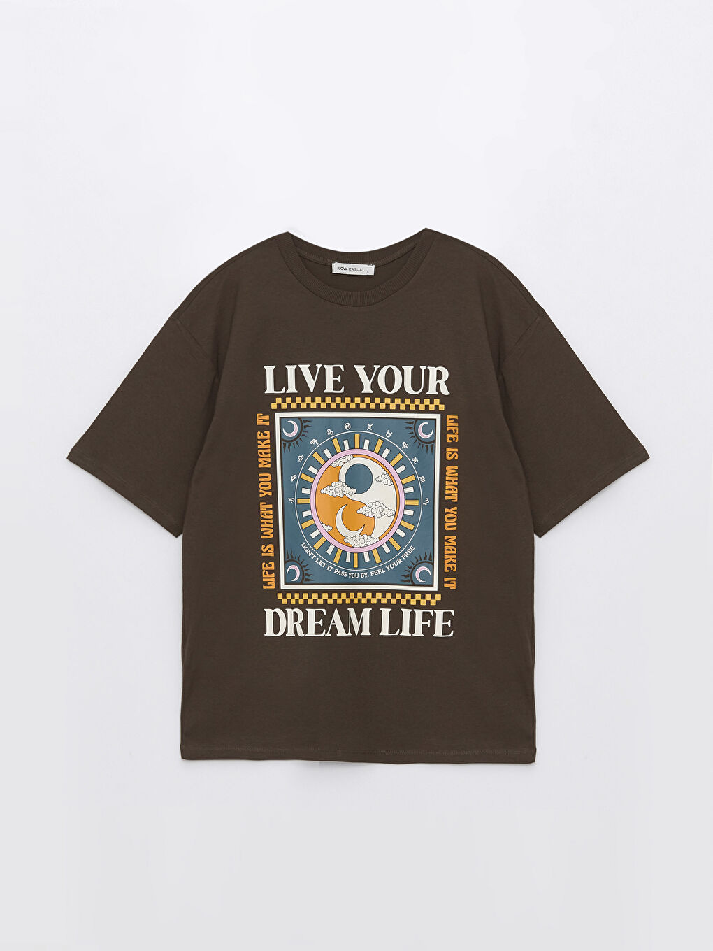 Kahverengi Bisiklet Yaka Baskılı Kısa Kollu Kadın Tişört-5