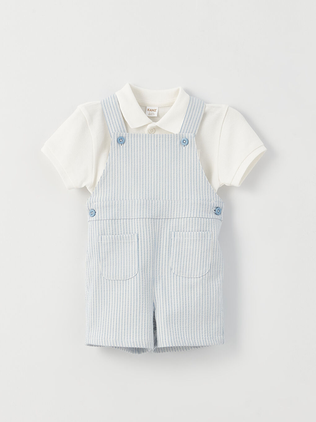 Ekru Polo Yaka Kısa Kollu Erkek Bebek Tişört ve Salopet 2'li Takım-5