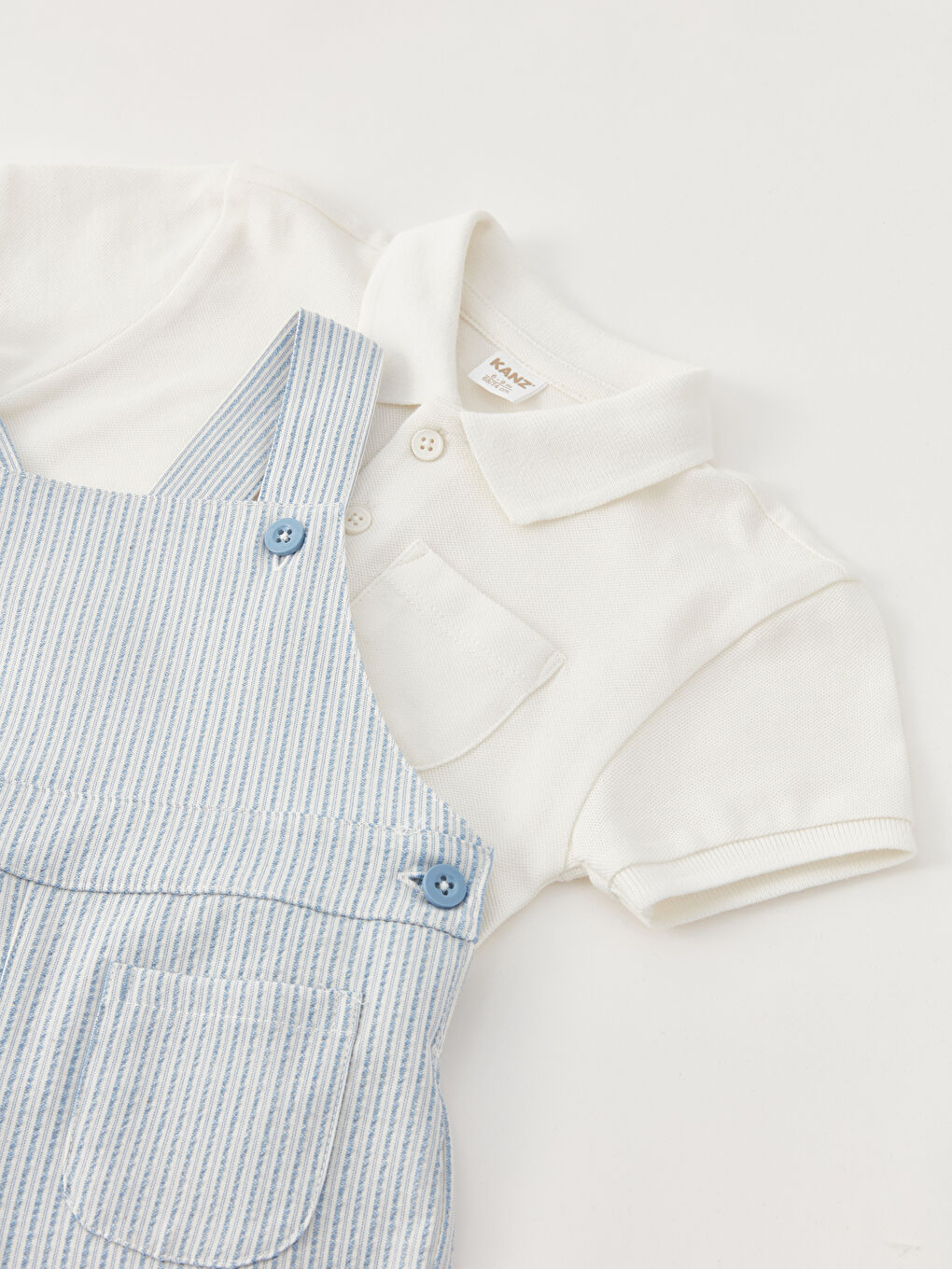 Ekru Polo Yaka Kısa Kollu Erkek Bebek Tişört ve Salopet 2'li Takım-9