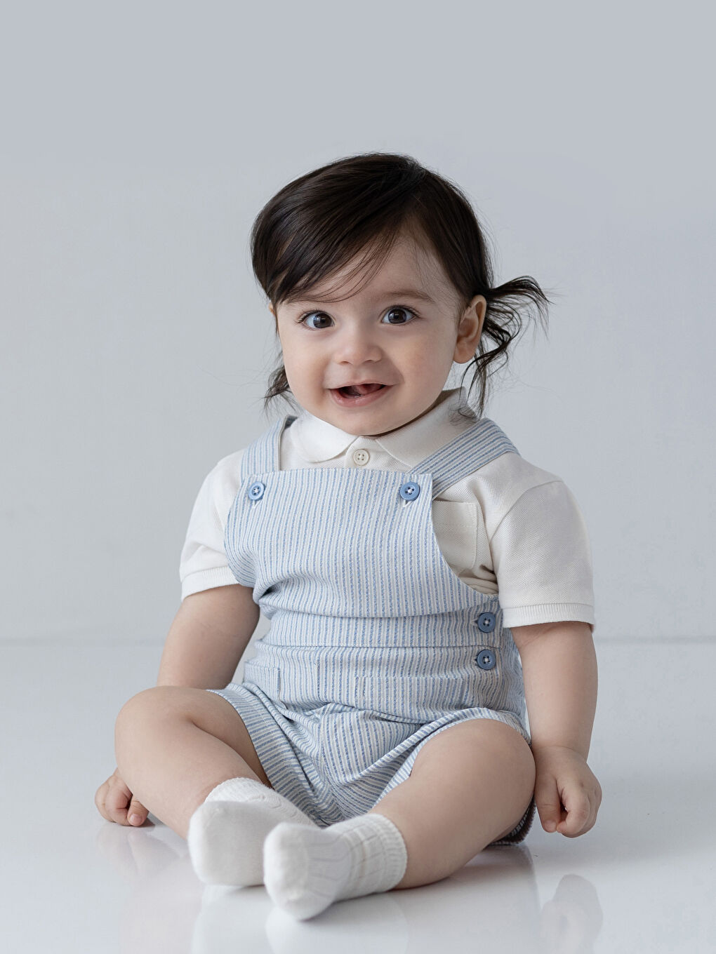 Ekru Polo Yaka Kısa Kollu Erkek Bebek Tişört ve Salopet 2'li Takım-1