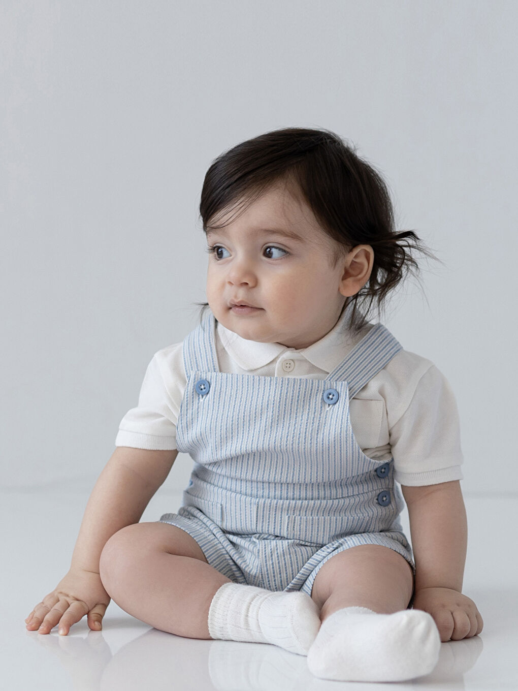 Ekru Polo Yaka Kısa Kollu Erkek Bebek Tişört ve Salopet 2'li Takım-2