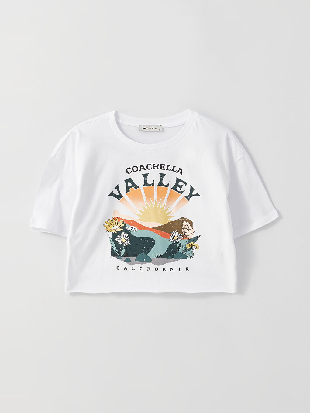 Beyaz Bisiklet Yaka Baskılı Kısa Kollu Kadın Crop-5