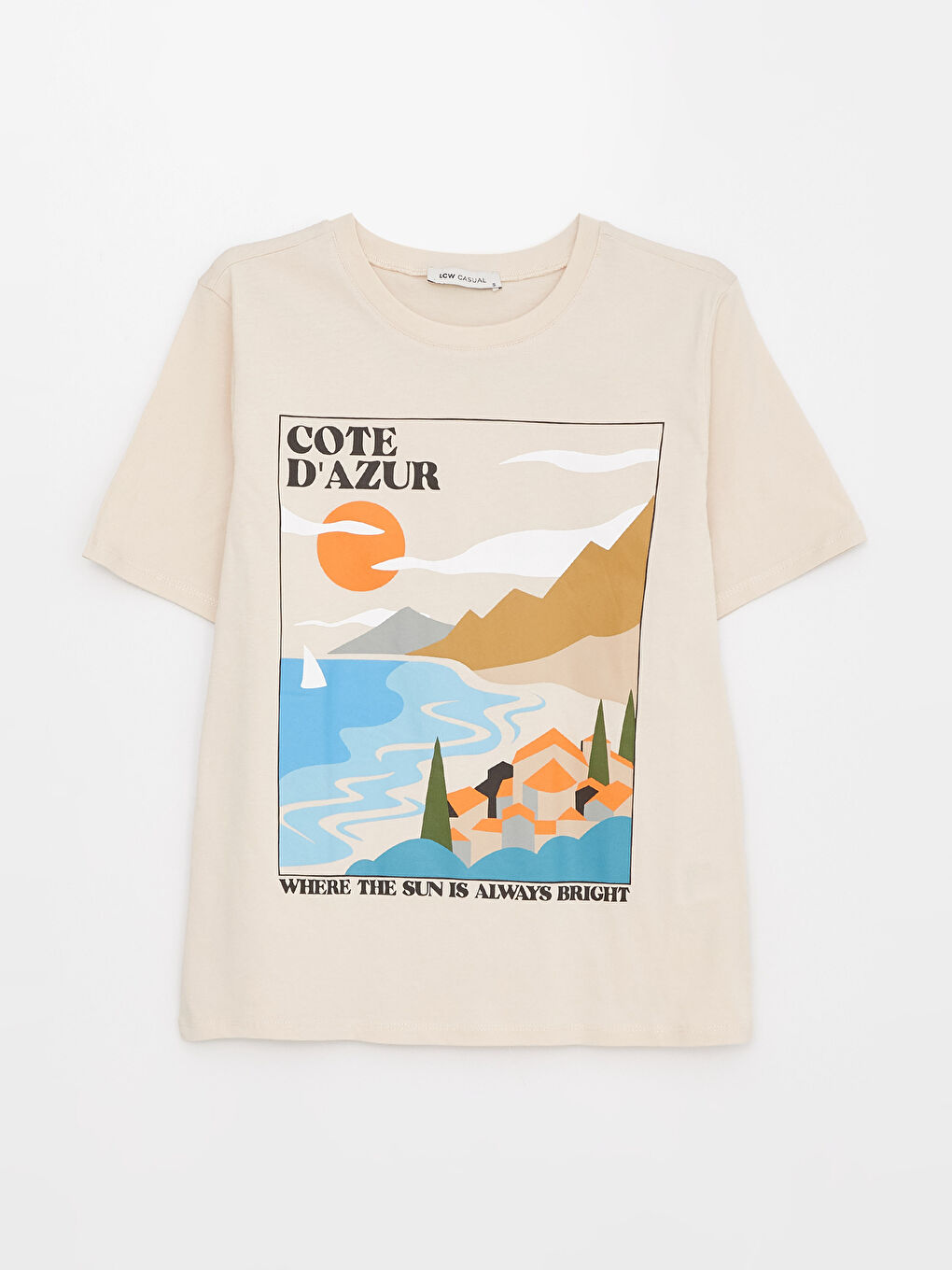 Bej Bisiklet Yaka Desenli Kısa Kollu Kadın Tişört-5