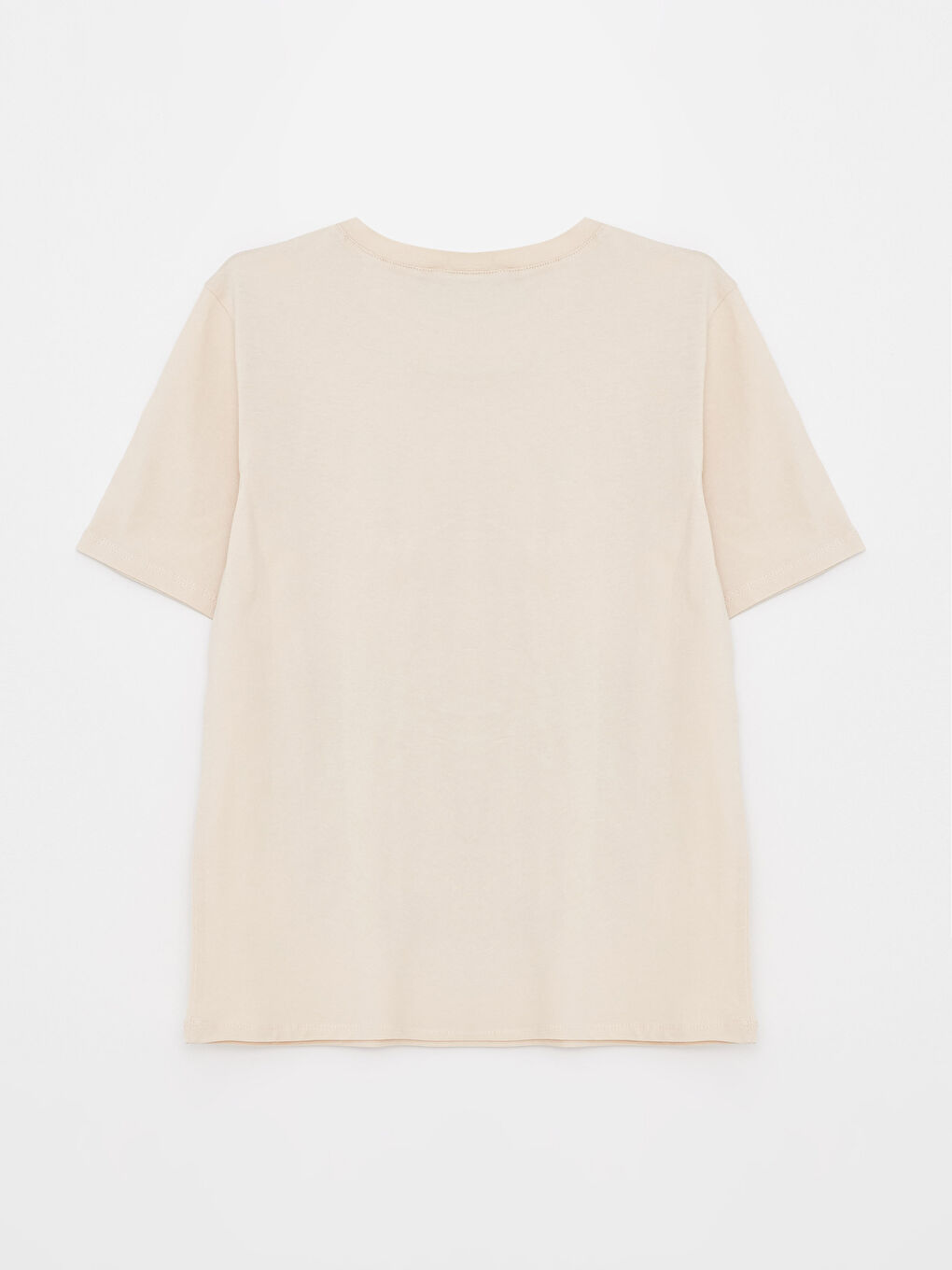 Bej Bisiklet Yaka Desenli Kısa Kollu Kadın Tişört-6