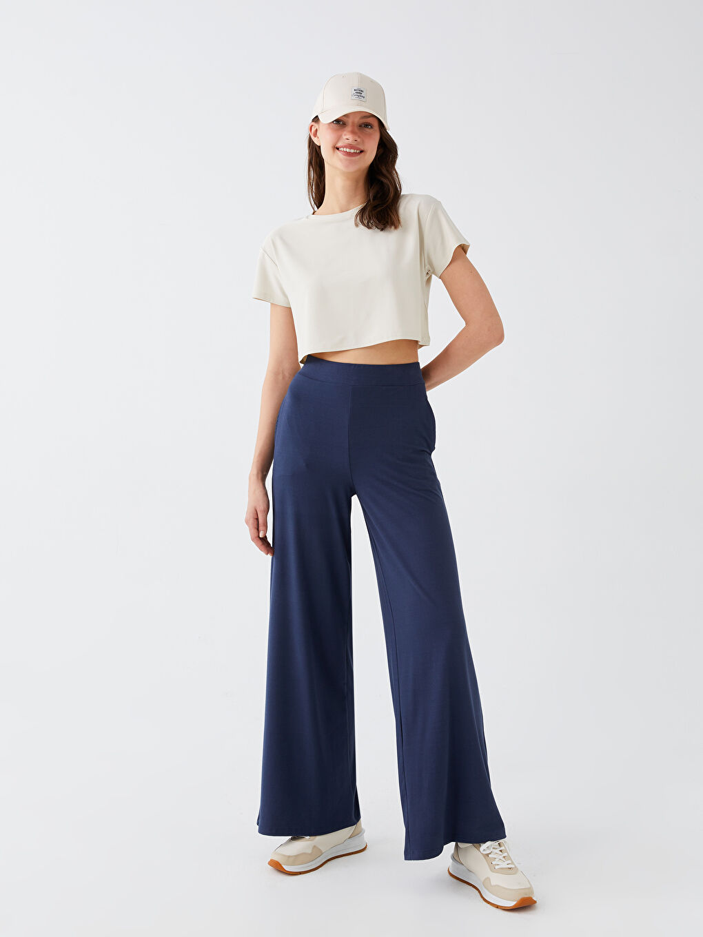 Әйелдерге арналған өрнексіз серпімді белдік кең балақ шалбар