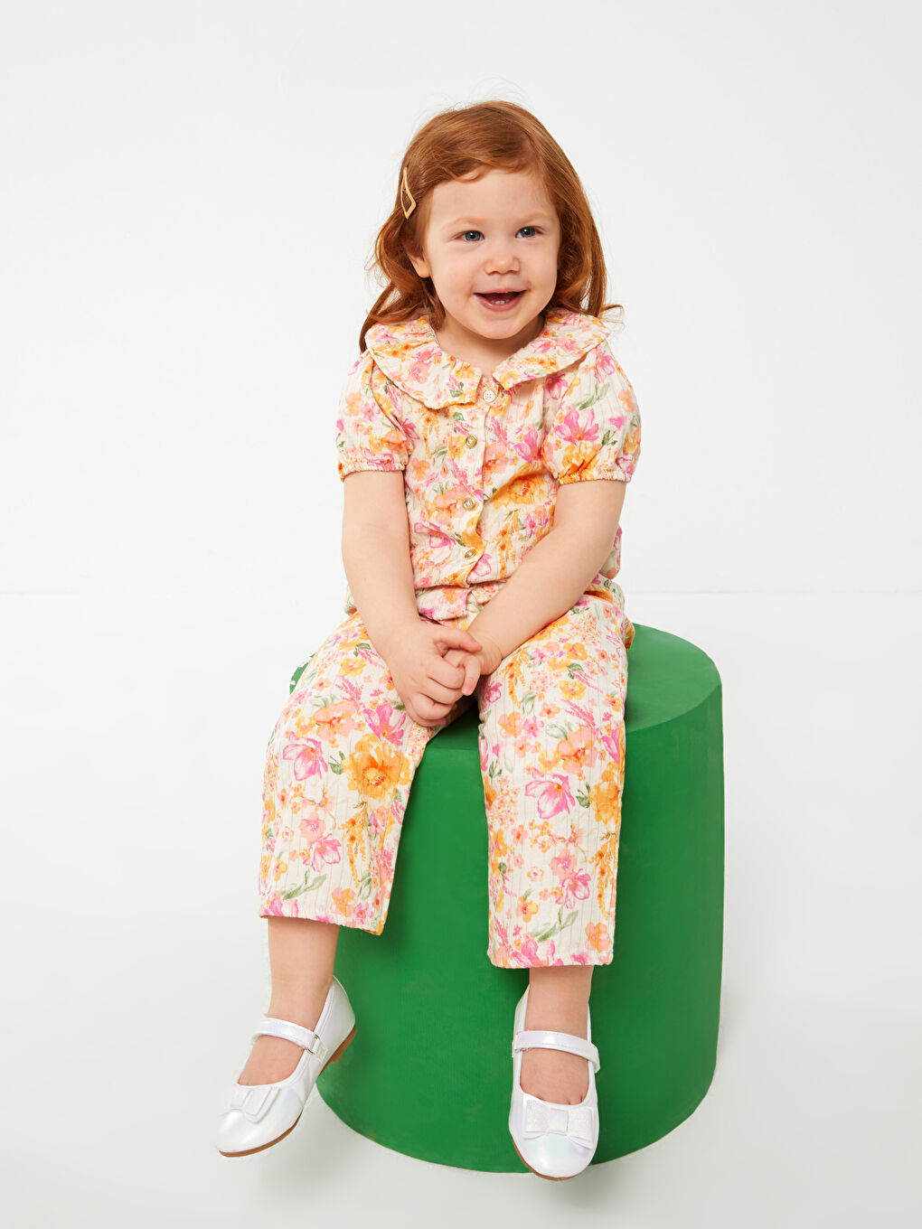 Blouse et Pantalon Bébé Fille à Col Claudine à Manches Courtes Imprimé Ensemble 2 Pièces