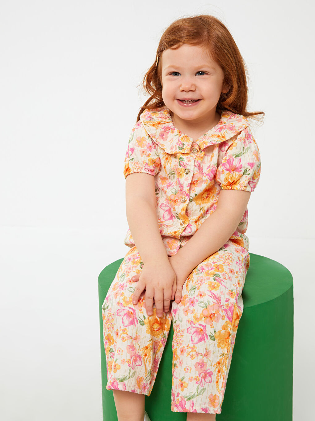 Blouse et Pantalon Bébé Fille à Col Claudine à Manches Courtes Imprimé Ensemble 2 Pièces-1