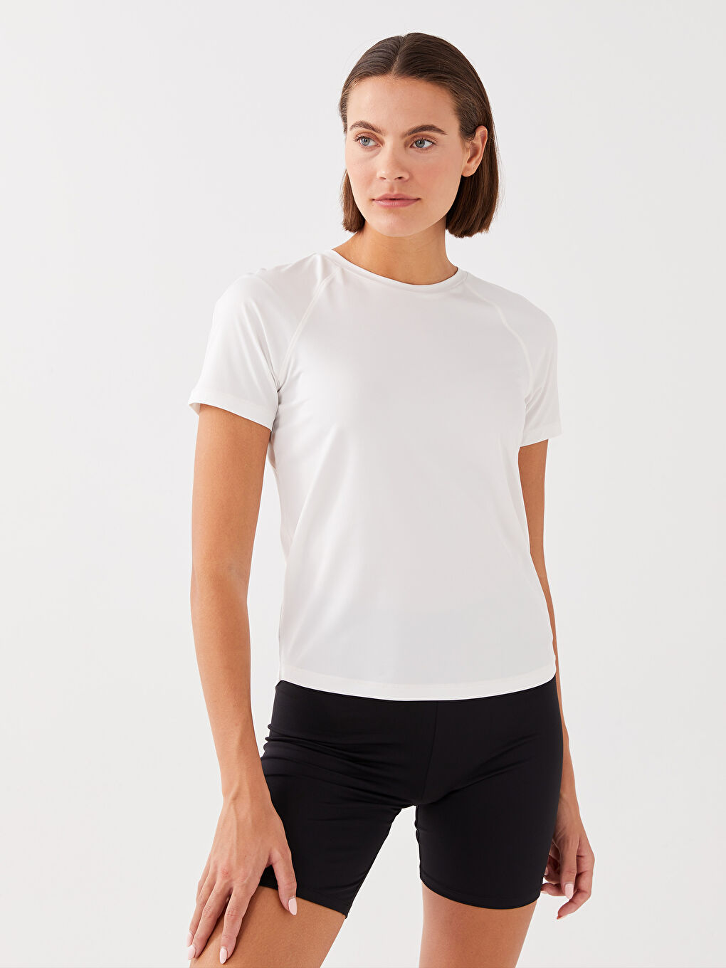 Ekru Bisiklet Yaka Baskılı Kısa Kollu Kadın Spor Tişört-1