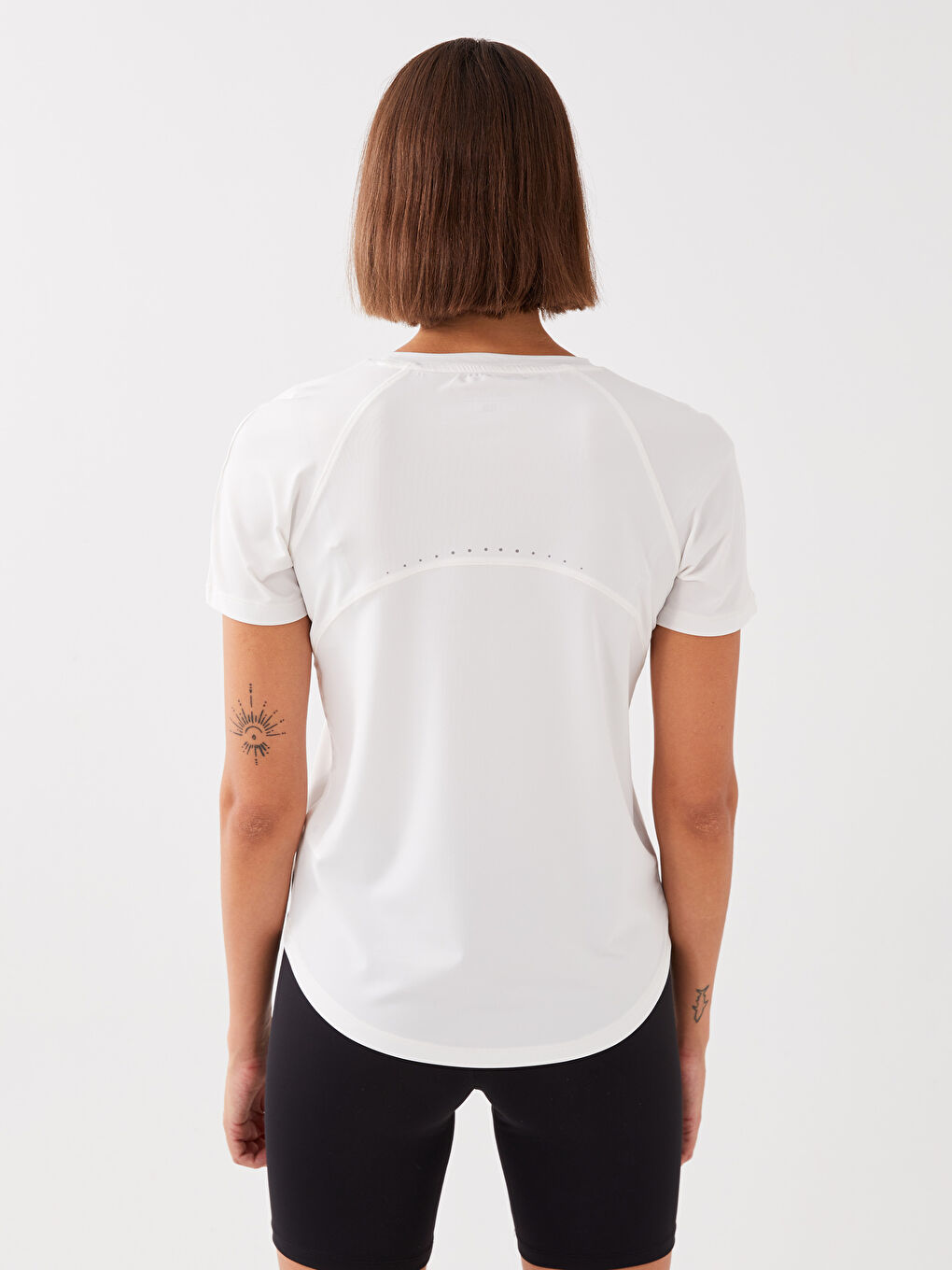 Ekru Bisiklet Yaka Baskılı Kısa Kollu Kadın Spor Tişört-5