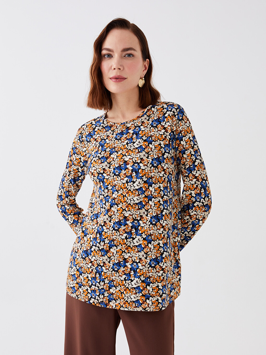 Tricou Cu Guler Rotund Floral Cu Mânecă Lungă Pentru Femei