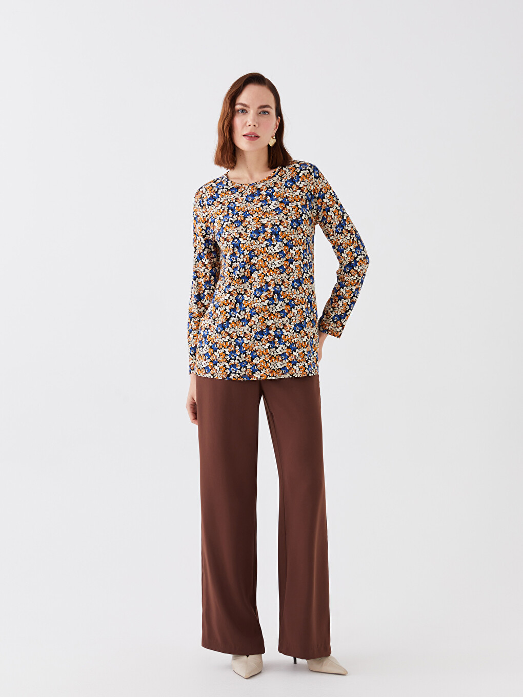 Tricou Cu Guler Rotund Floral Cu Mânecă Lungă Pentru Femei-1