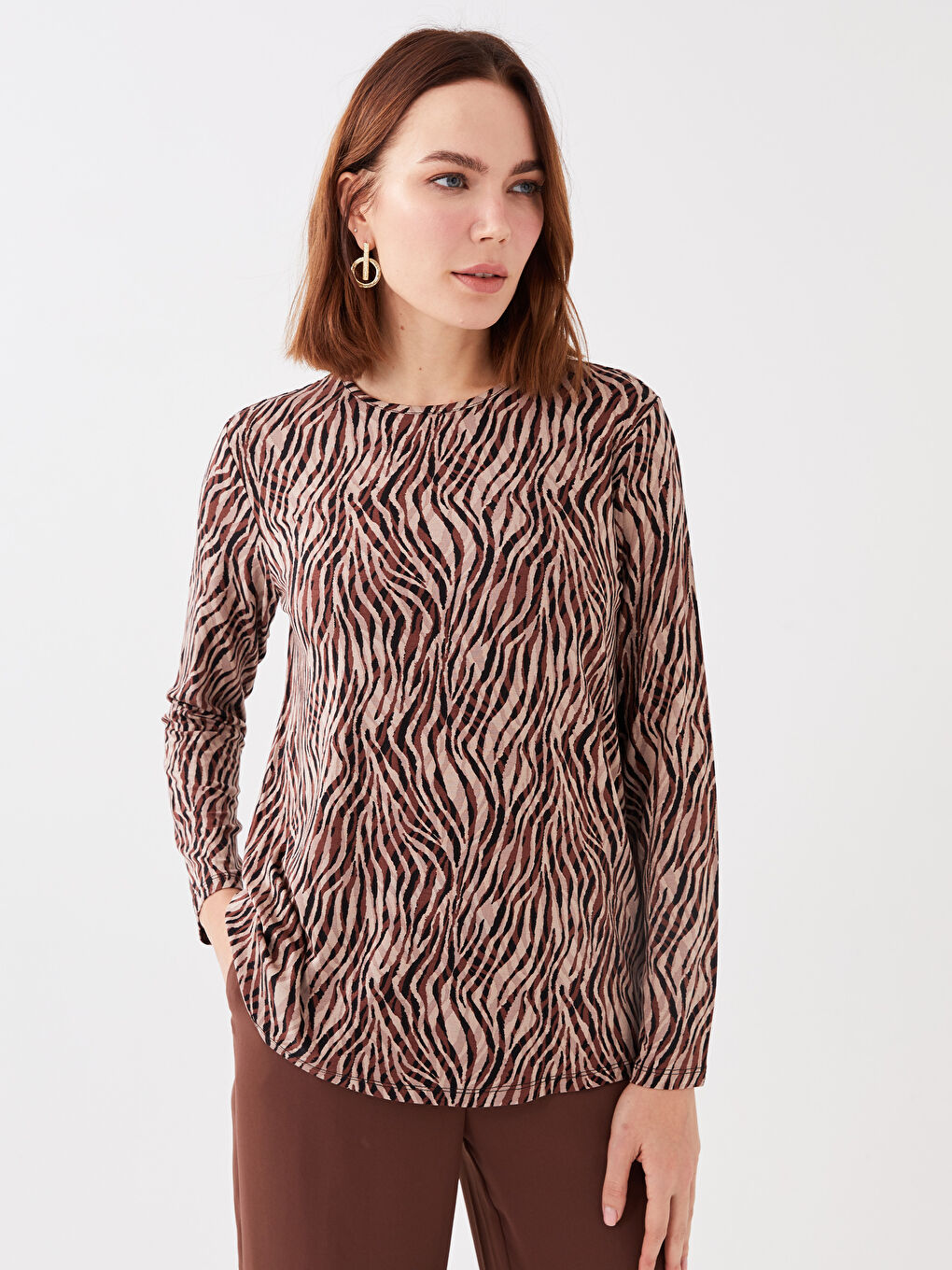 Women's Crew Neck Patterned Long Sleeve T-Shirt-1