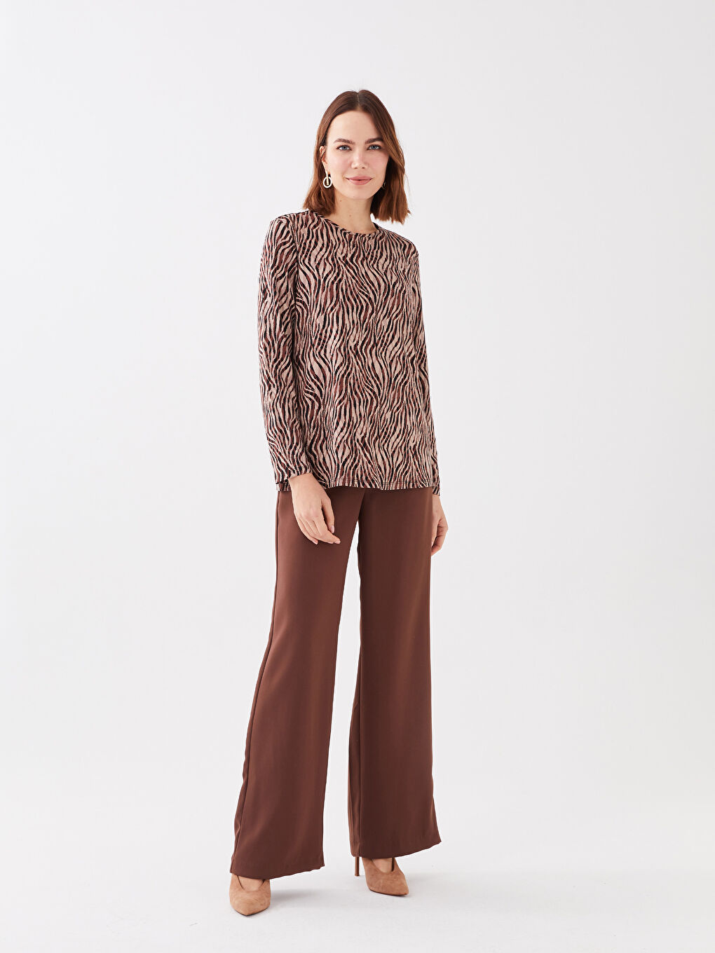 Women's Crew Neck Patterned Long Sleeve T-Shirt-3