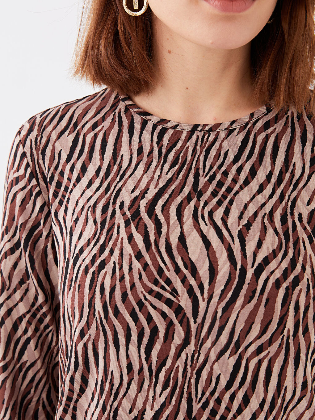 Women's Crew Neck Patterned Long Sleeve T-Shirt-4