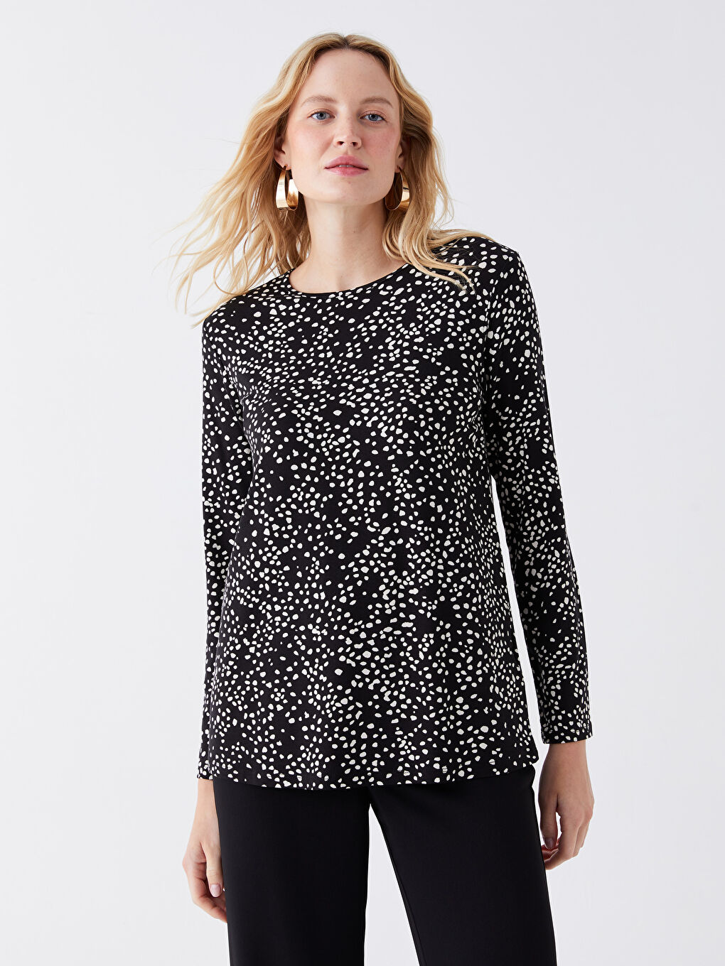 Crew Neck Patterned Long Sleeve Women's T-Shirt-1