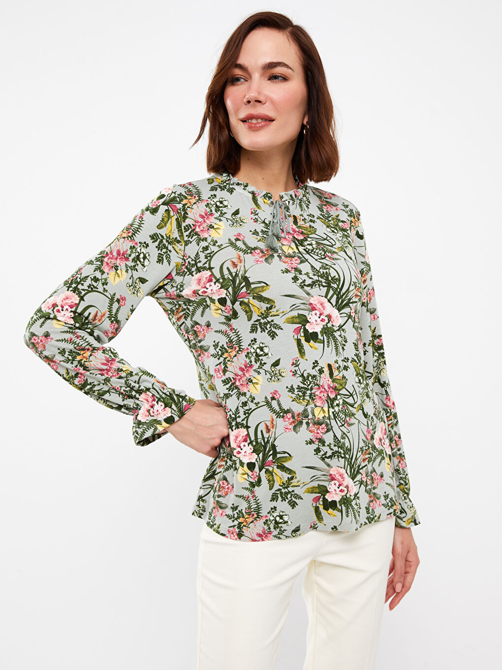 بلوزة كم طويل بياقة مربوطة مُزهر للسيدات-1