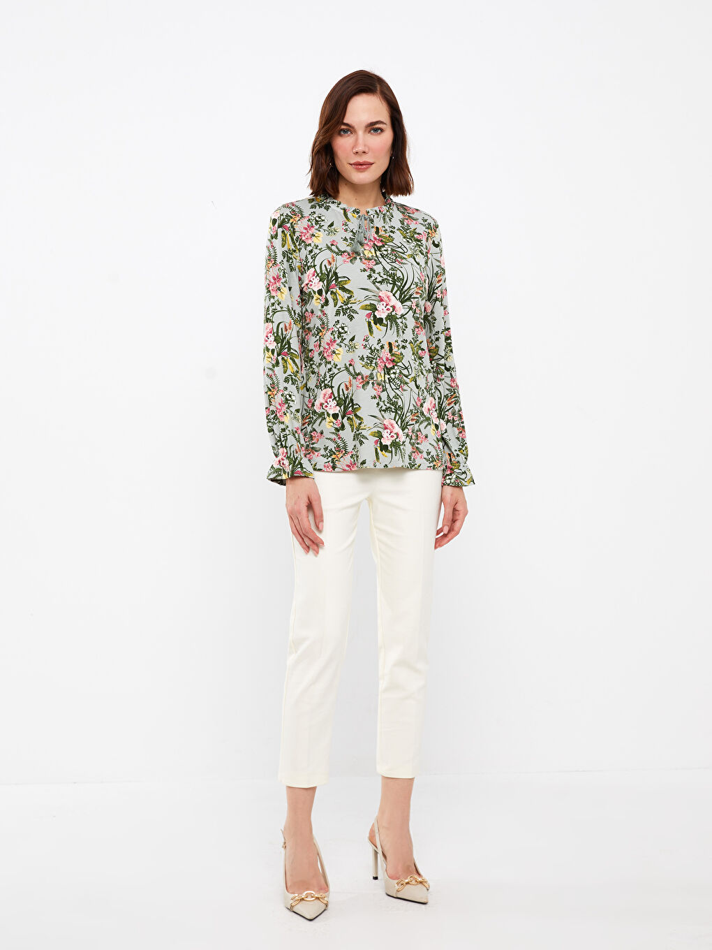 بلوزة كم طويل بياقة مربوطة مُزهر للسيدات-2