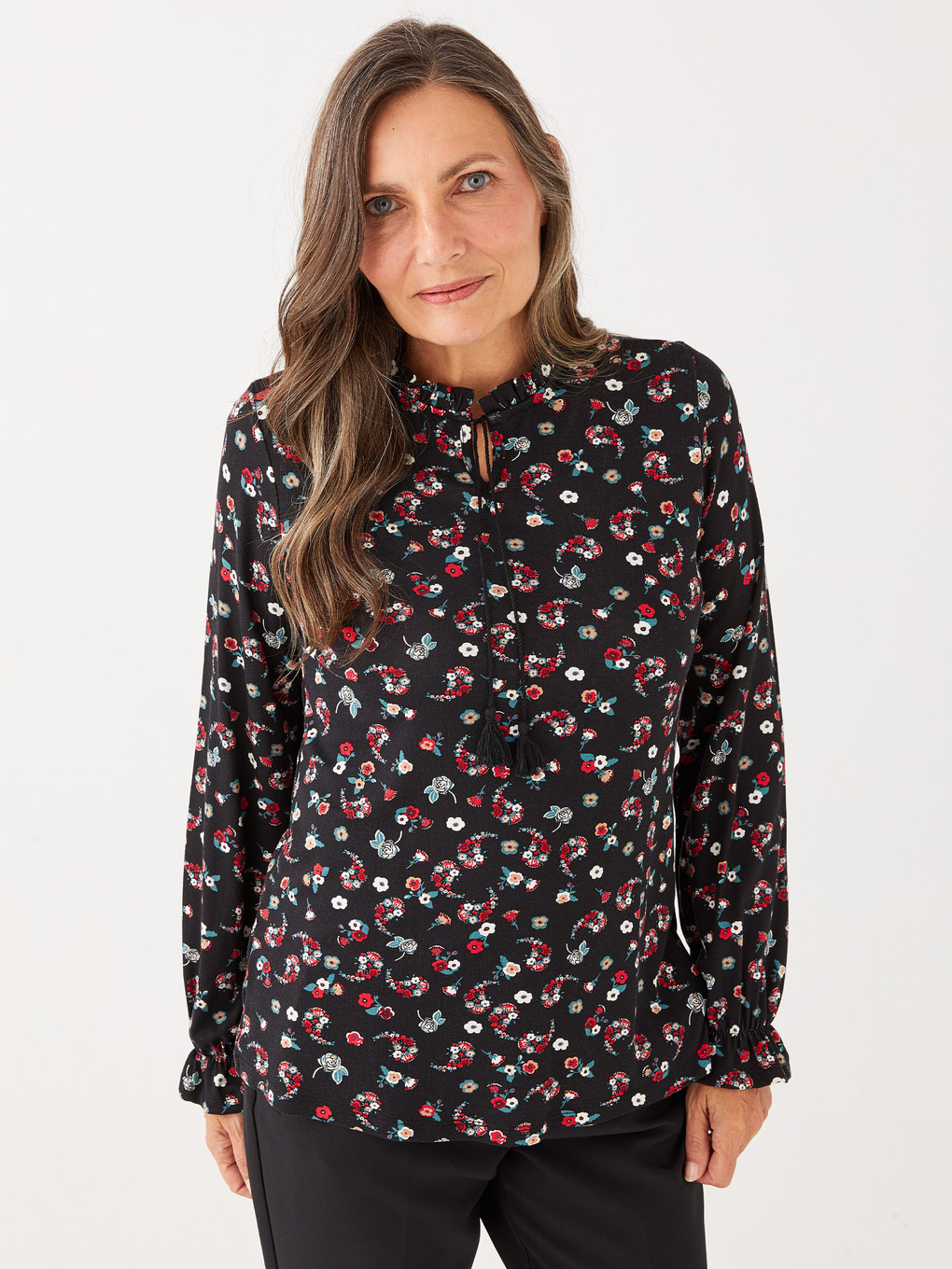 Tie Neck Floral Long Sleeve Women's Blouse-1
