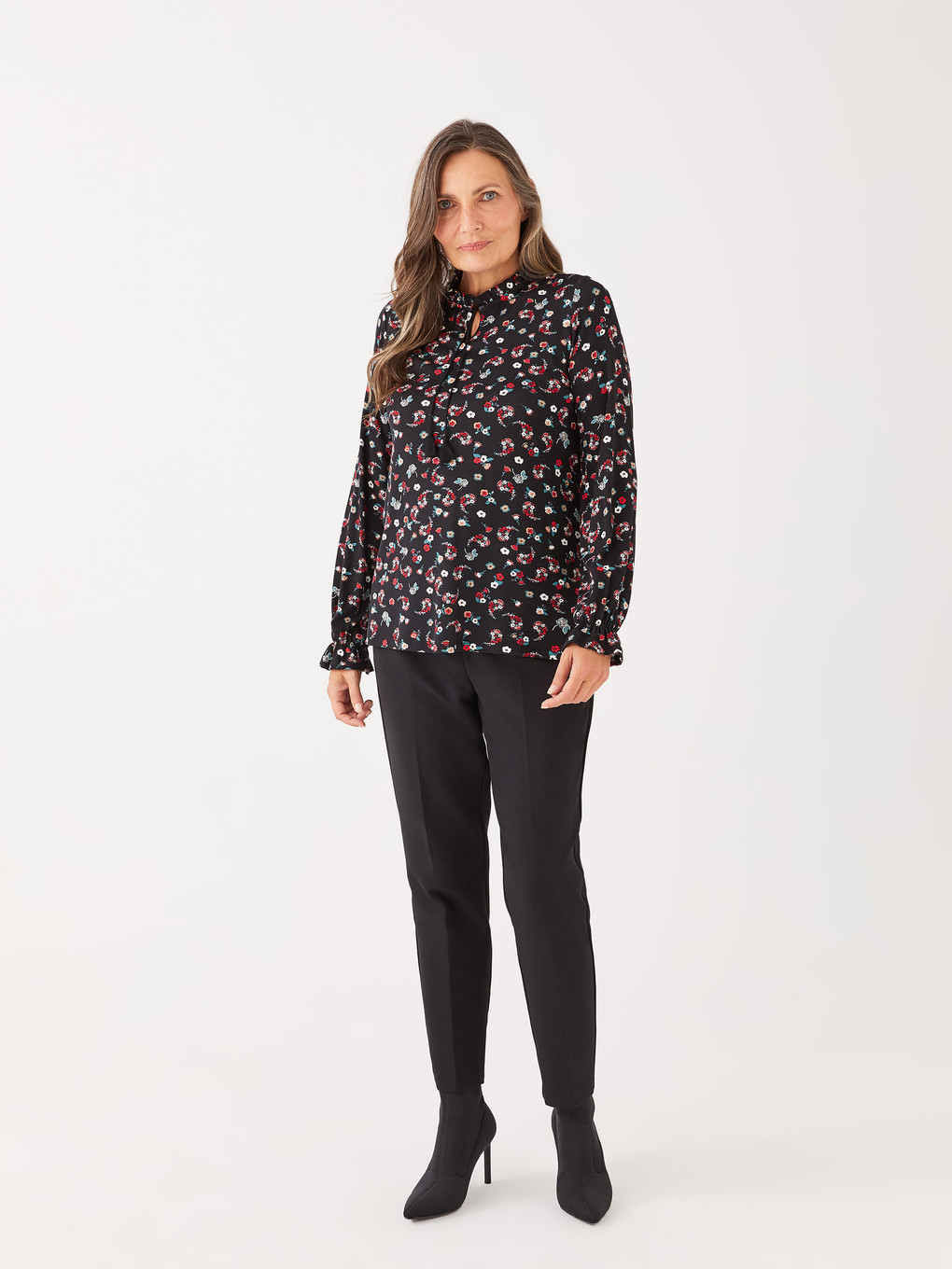 Tie Neck Floral Long Sleeve Women's Blouse-2