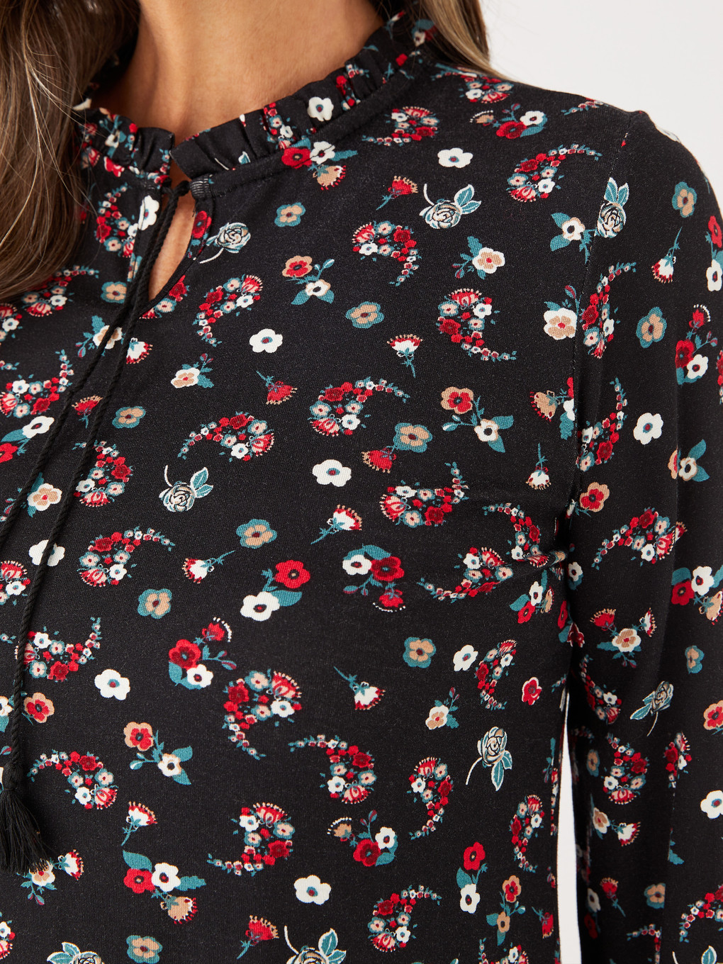 Tie Neck Floral Long Sleeve Women's Blouse-3