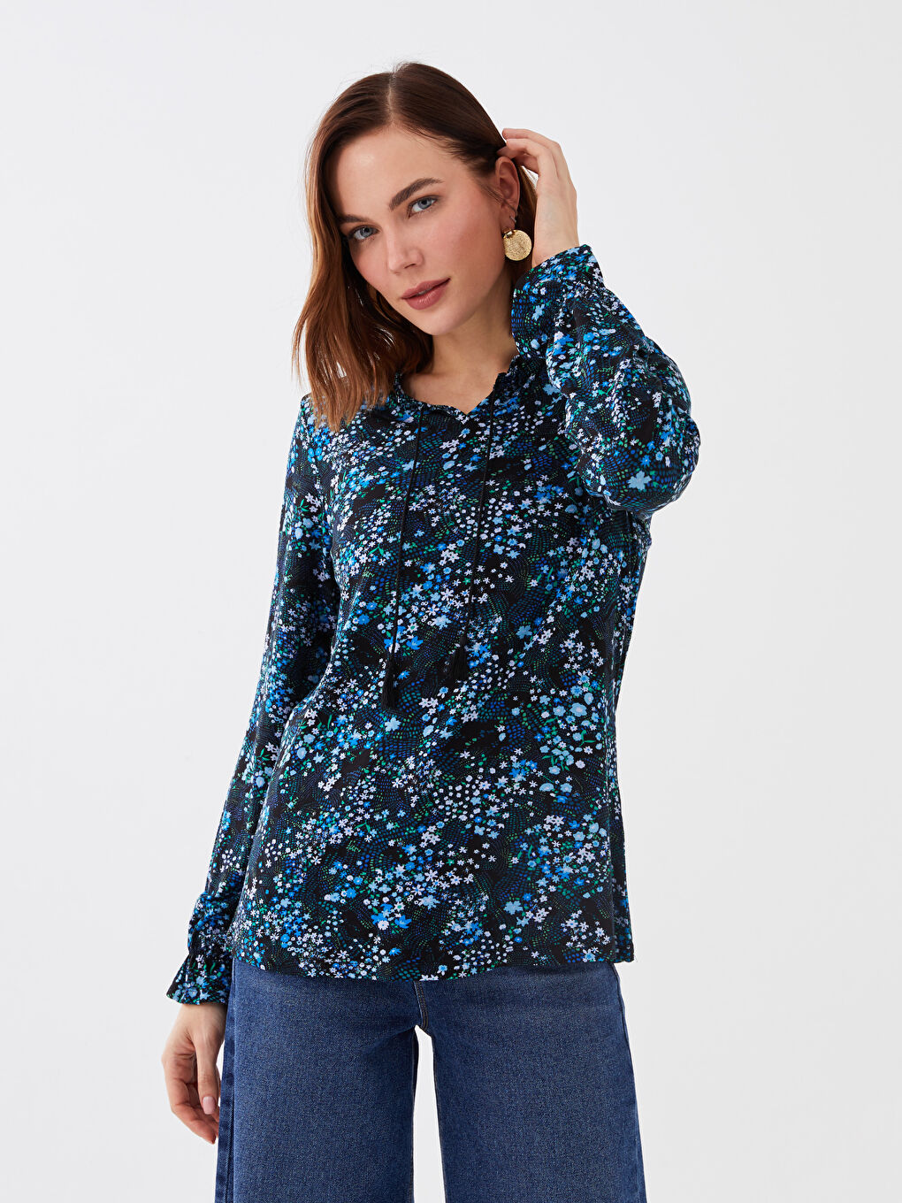 Tie Neck Patterned Long Sleeve Women's Blouse-1