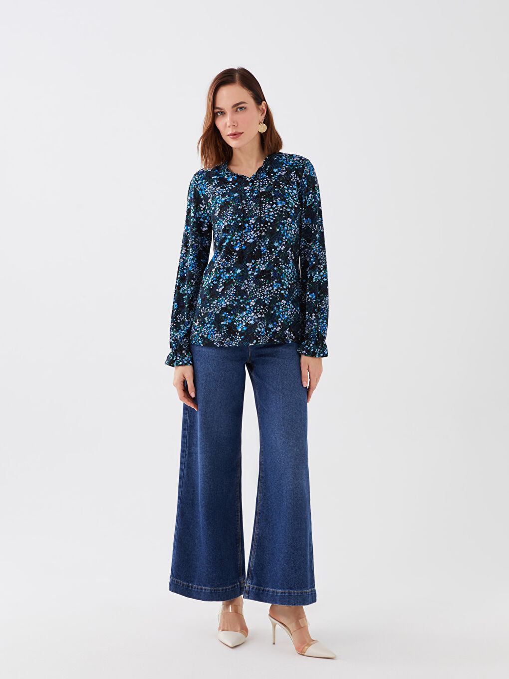 Tie Neck Patterned Long Sleeve Women's Blouse-2