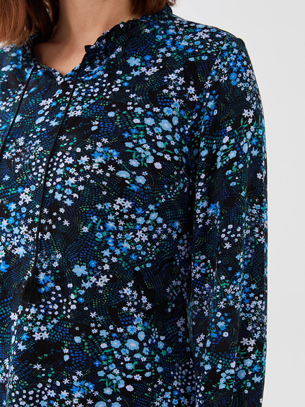 Tie Neck Patterned Long Sleeve Women's Blouse-3