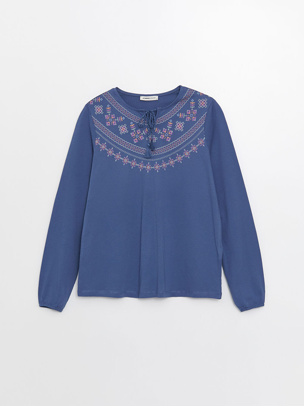 İndigo Bağlamalı Yaka Nakışlı Uzun Kollu Kadın Tişört-5