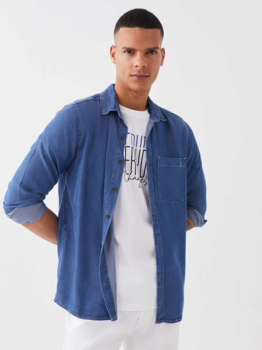 Regular Fit Long Sleeve Men's Denim Shirt-1