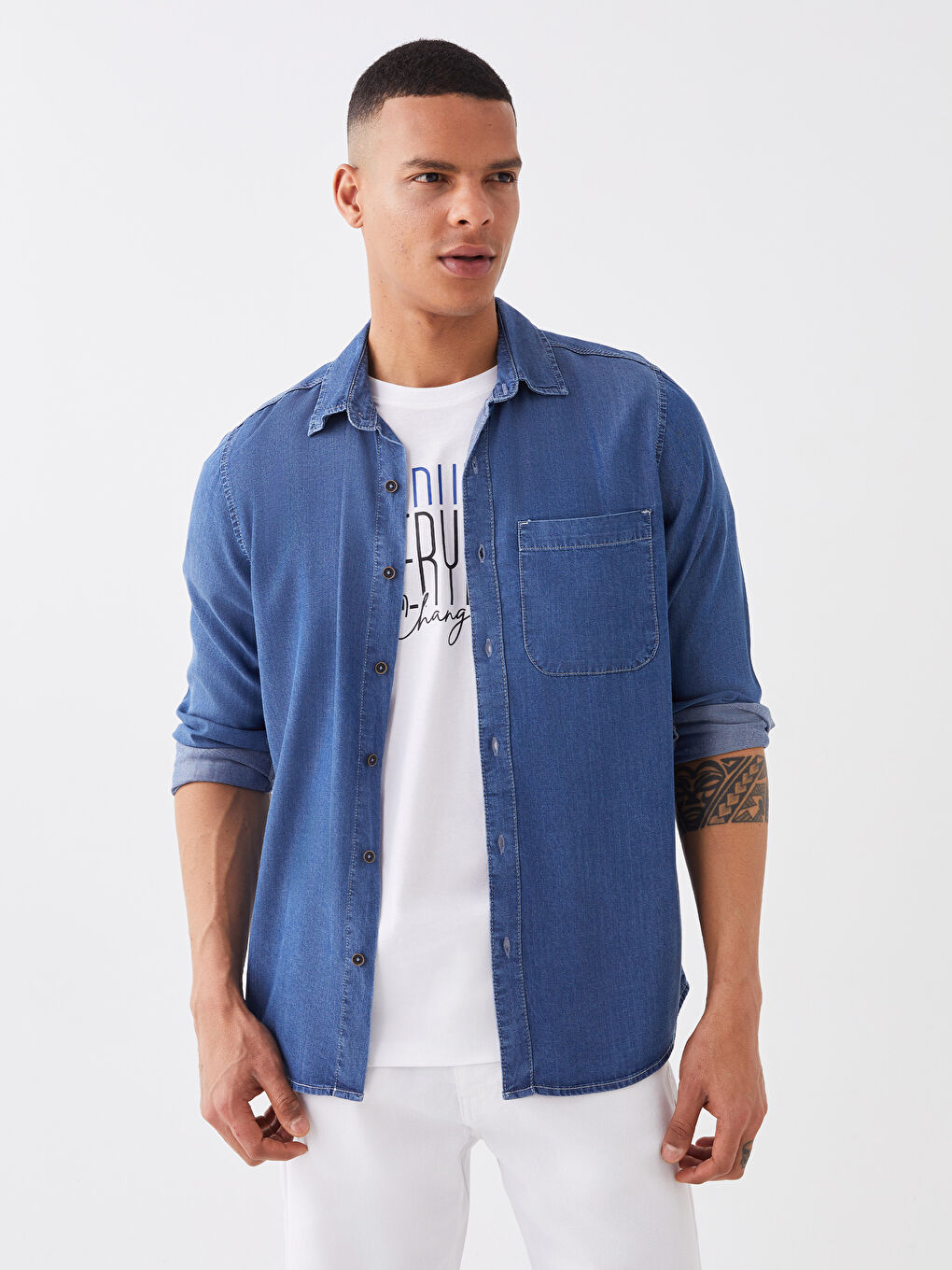 Regular Fit Long Sleeve Men's Denim Shirt-2