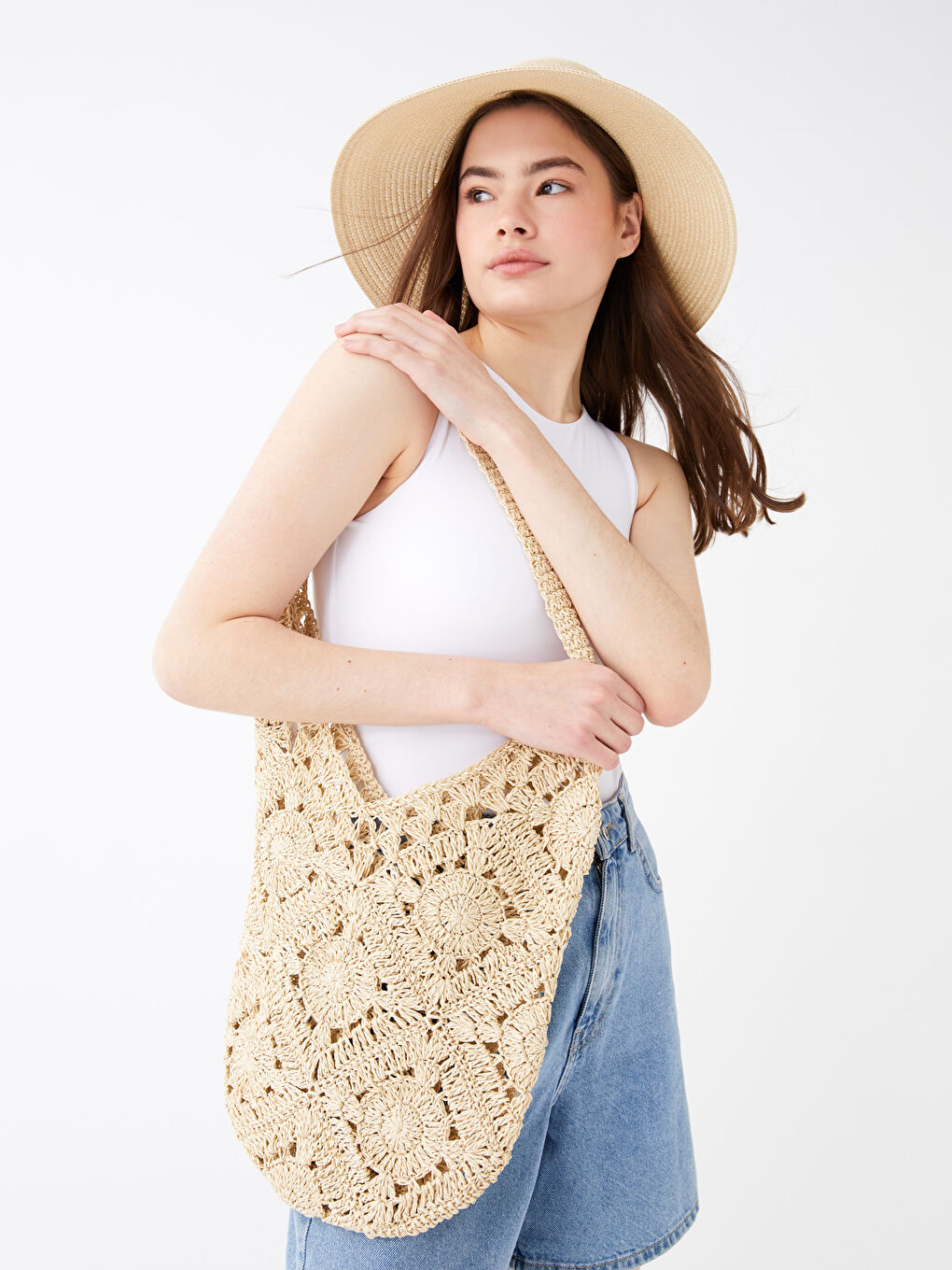 Ekru Hasır Kadın Omuz Çantası