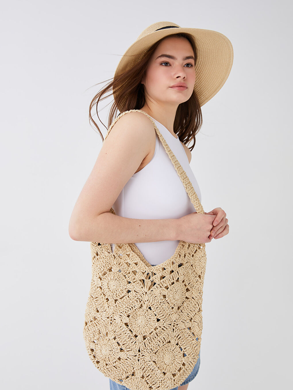 Ekru Hasır Kadın Omuz Çantası-1