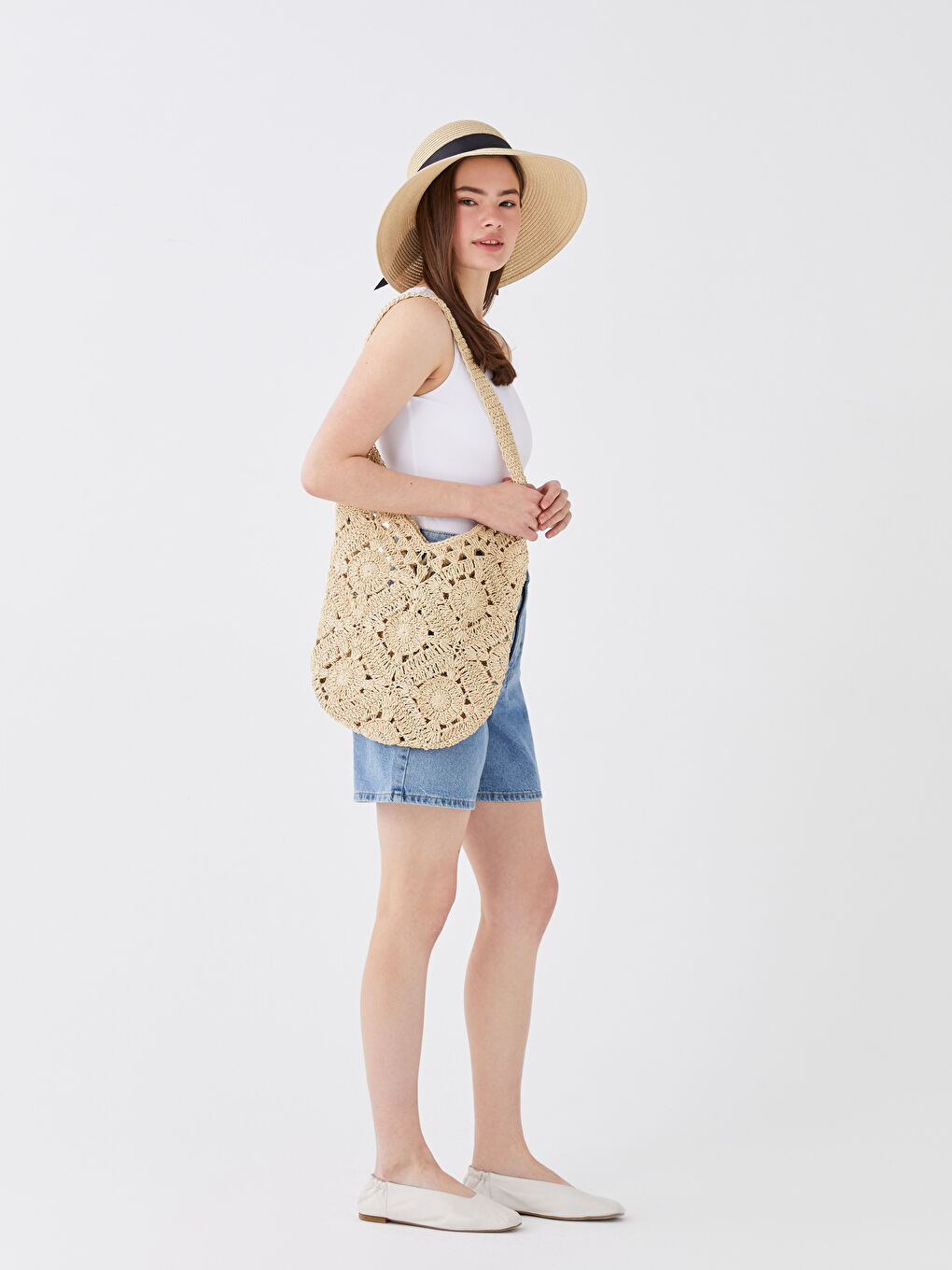 Ekru Hasır Kadın Omuz Çantası-2