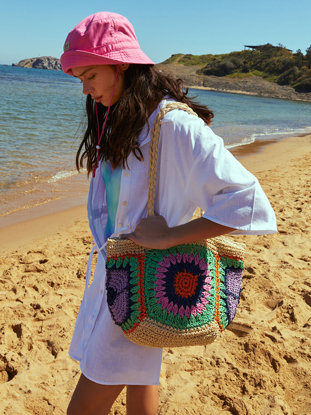 Sac d'épaule en paille à motifs pour Femmes