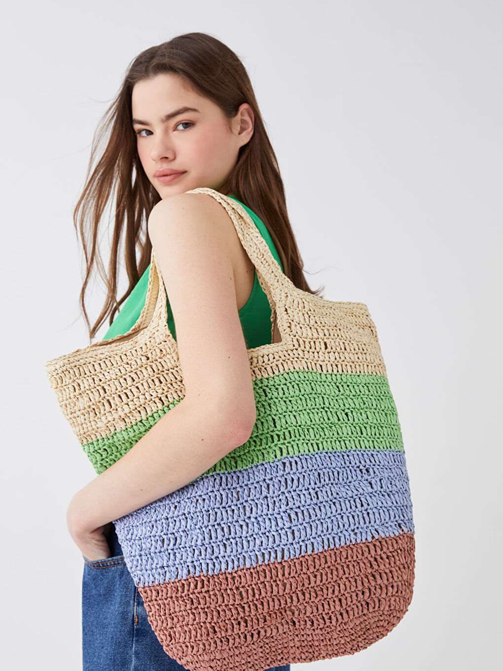 Әйелдерге арналған түрлі-түсті сабан иық сөмкесі-1